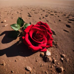 An image of a red rose lying in the desert.