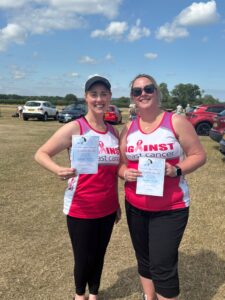 Charlotte and Danielle after their skydive with their certificates