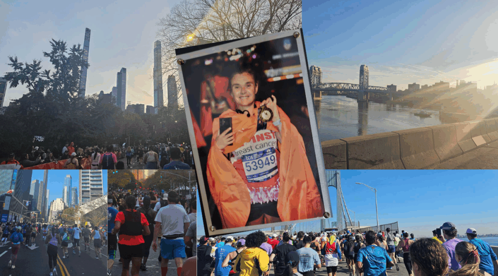 A collage of photos from Lisa of the New York City Marathon. Several images show crowds of runners moving through city streets lined with tall buildings and trees. One photo shows a river with a bridge and skyscrapers in the background under bright sunlight. At the center of the collage is a portrait‑style photo of Lisa wearing an orange foil blanket, a race bib and holding up her medal.