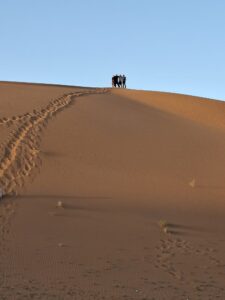 A distance view of the trekkers on a sand dune in the fading sun