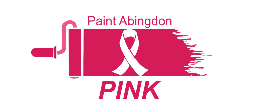 Paint Abingdon Pink banner with those words, and a paint roller leaving behind a trail of pink with a white ribbon.